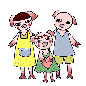 手绘矢量卡通可爱猪年三只小猪形象一家三口