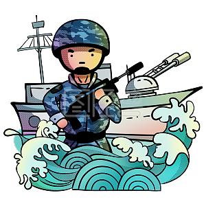军人冷色系卡通手绘风海军免抠