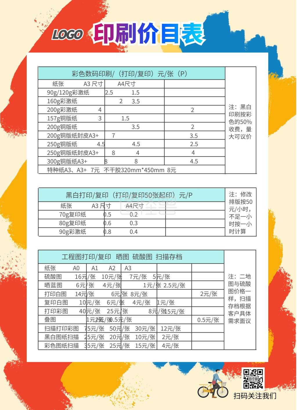 油墨七彩色图文快印宣传价目表