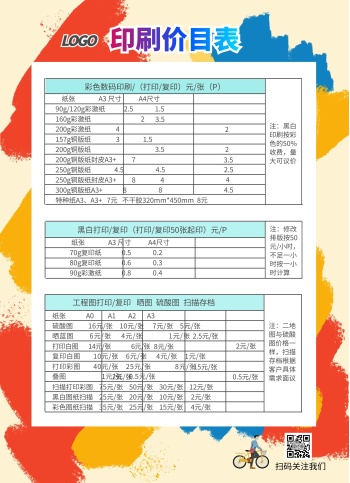 油墨七彩色图文快印宣传价目表