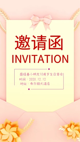 邀请函蛋糕生日趴粉色卡通电子邀请函