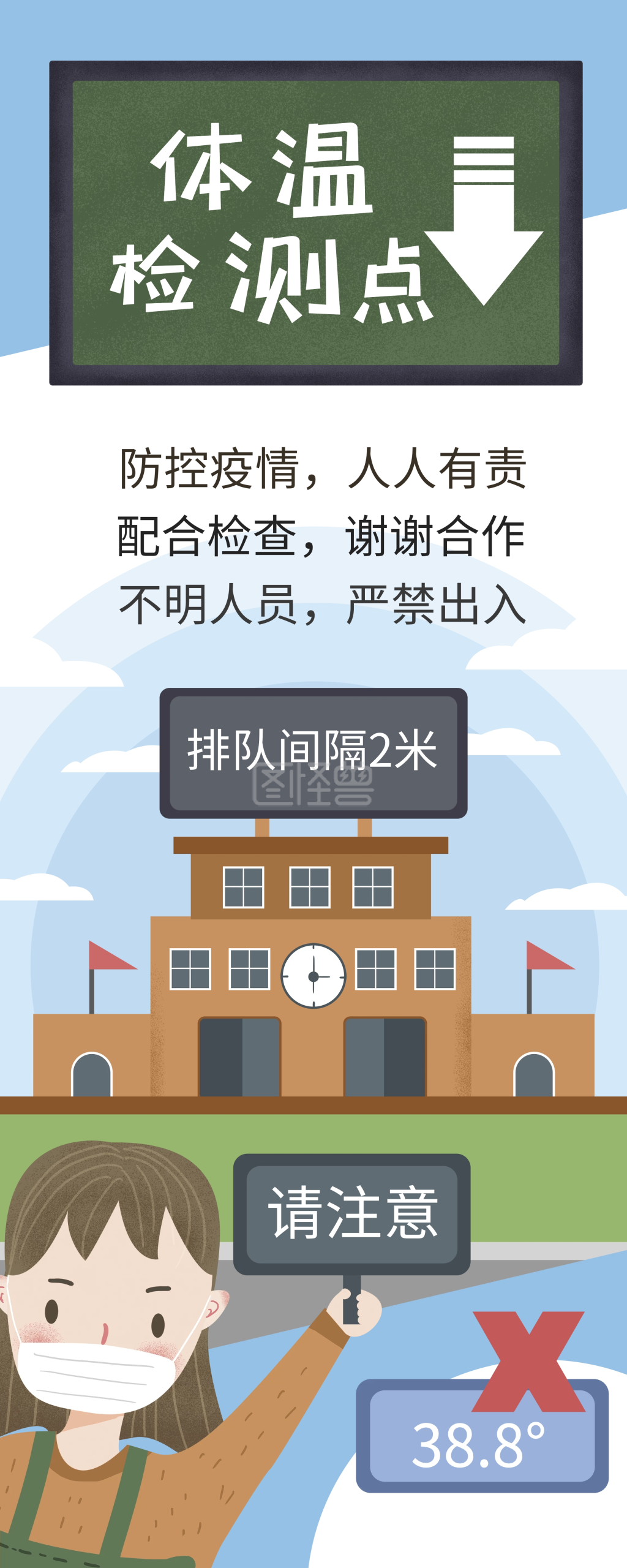 原创卡通校园师生测量体温提示展架