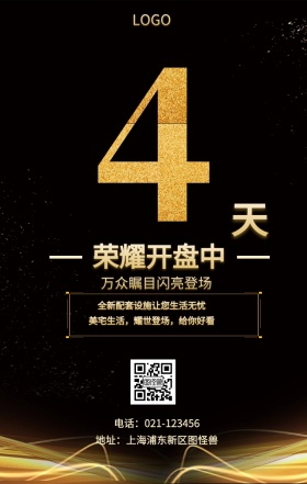 天  荣耀开盘中 万众瞩目闪亮登场 全新配套设施让您生活无忧 地址：上海浦东新区图怪兽 电话：021-123456 美宅生活，耀世登场，给你好看 房地产开盘倒计时