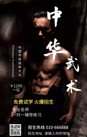 中华武术免费试学火爆招生活动营销海报