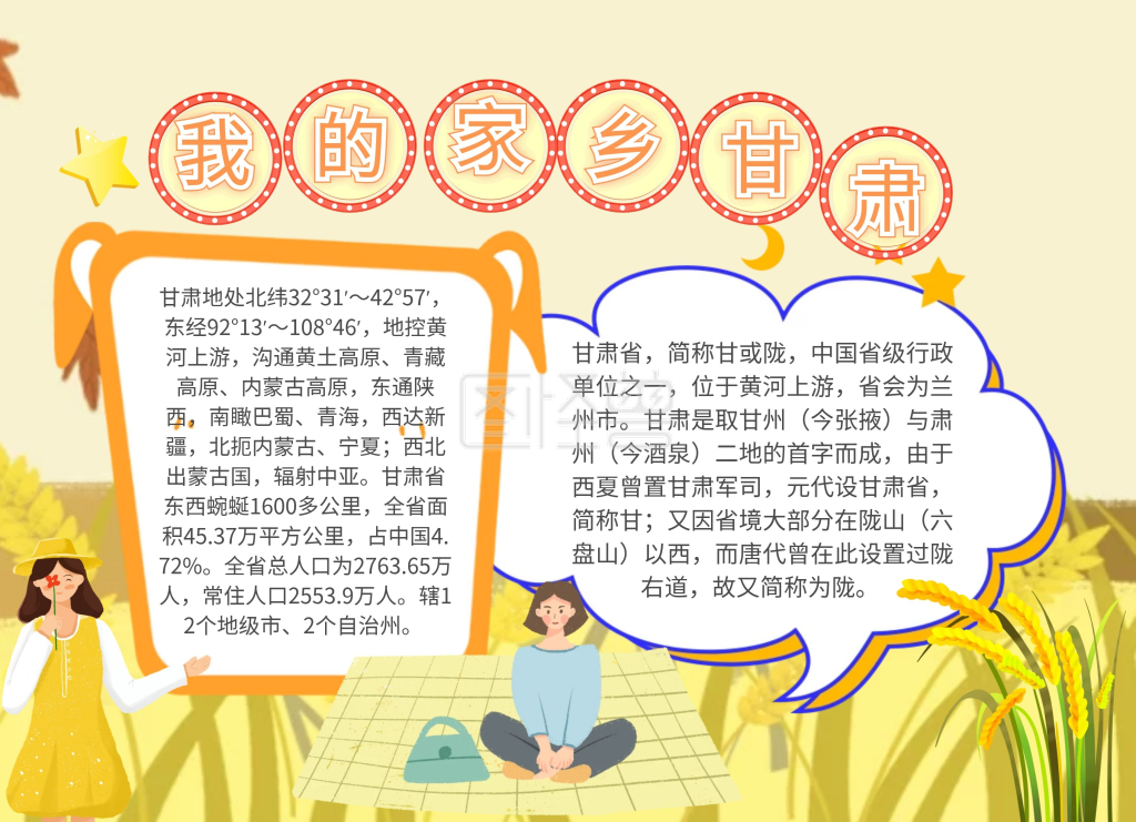 我的家乡甘肃橘色创意卡通手抄报