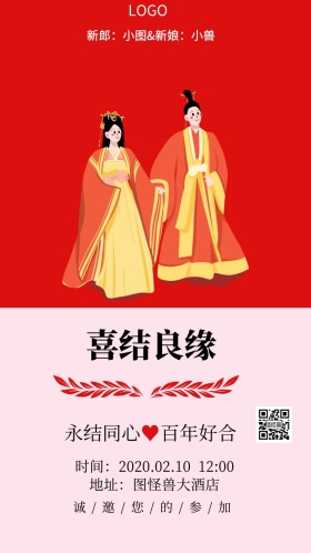 红色中国风喜结良缘结婚邀请函婚礼请柬