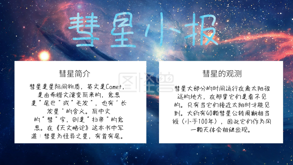 图怪兽手抄报频道提供《蓝色宇宙创意大气彗星小报》在线图片设计制作