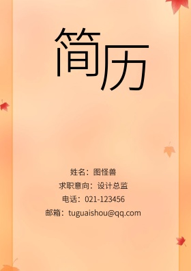 姓名：图怪兽 电话：021-123456 邮箱：tuguaishou@qq.com 求职意向：设计总监 简历封面