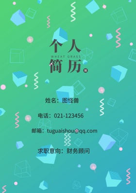 姓名：图怪兽 电话：021-123456 邮箱：tuguaishou@qq.com 求职意向：财务顾问 简历封面