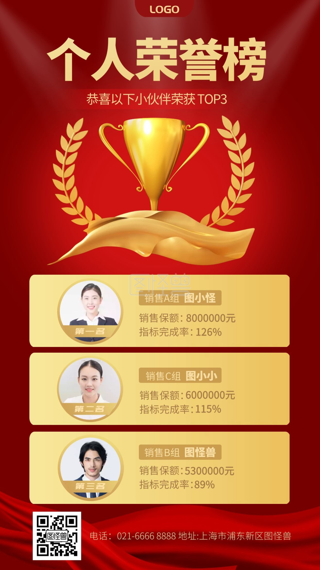 个人荣誉榜销售业绩红金手机海报