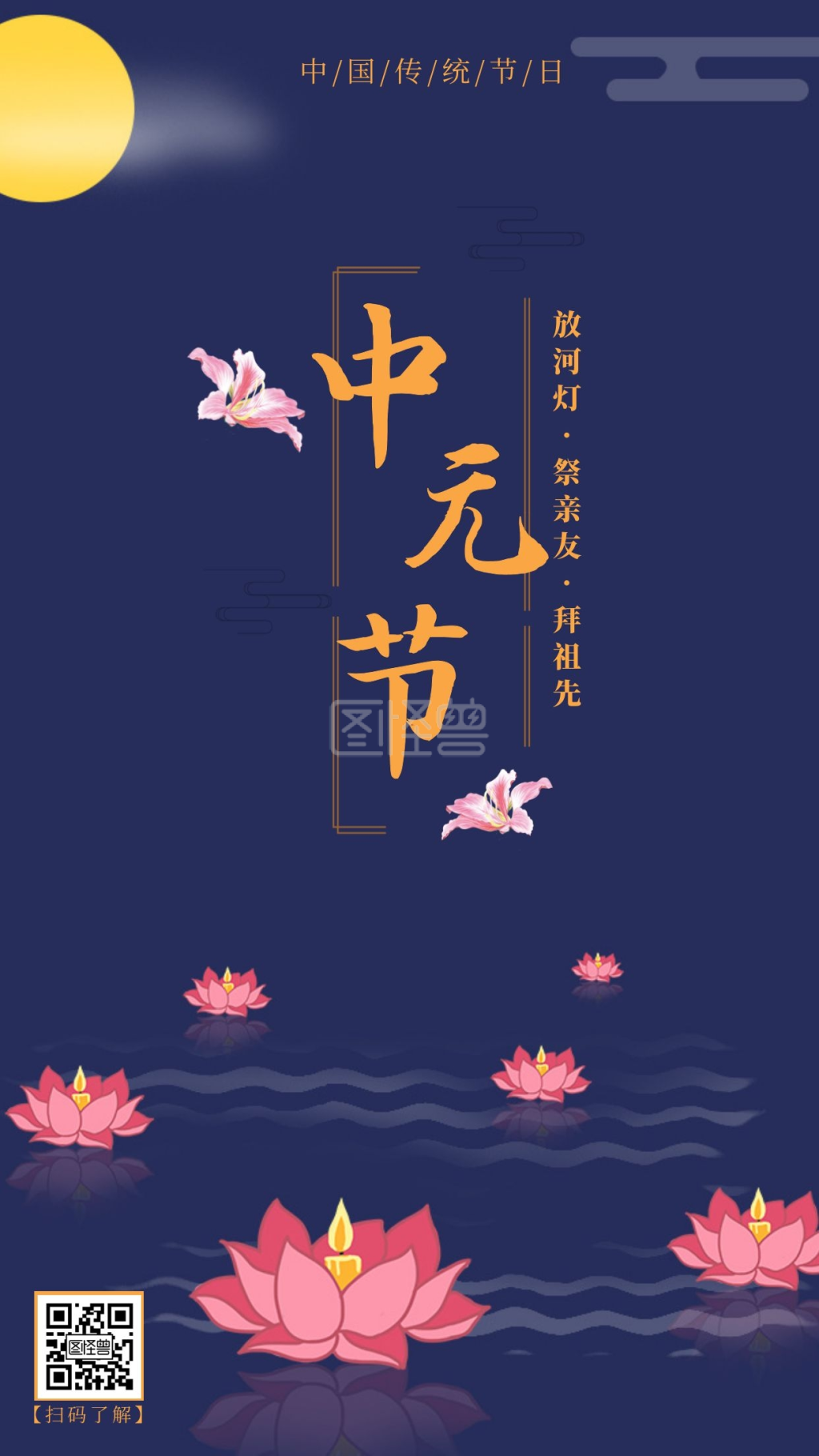 中元节祈福插画风祭祀祖先祈福平安手机海报
