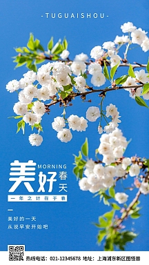 早安美好春天蓝色简约风手机海报