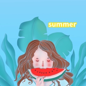 夏季西瓜女孩海边手机微博封面模板