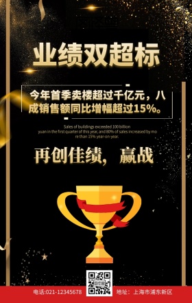 业绩双超标奖杯红色大气商务手机海报