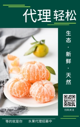 轻松 代理 扫码关注 等的就是你 水果代理招募中 生态·新鲜·天然 水果招募代理简约手机海报
