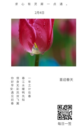 喜迎春天 2月4日 每日一签 一年之计在春 春江水暖鸭先知 傍身无彩凤双飞翼 求心有灵犀一点通。 你好早安·遇见初春 简约清新立春节日日签