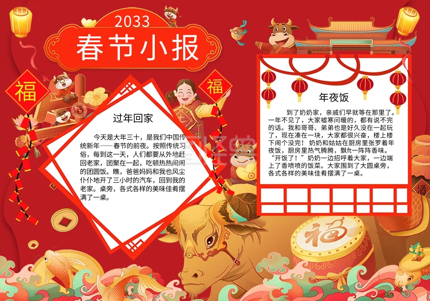 中国风喜庆新年春节小报牛年节日手抄报