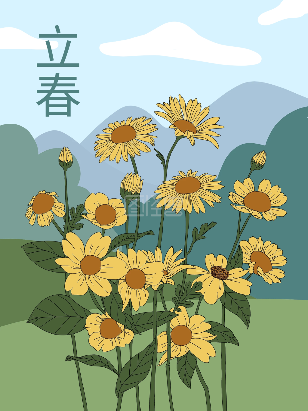 立春海报向日葵背景图手绘线稿植物插画