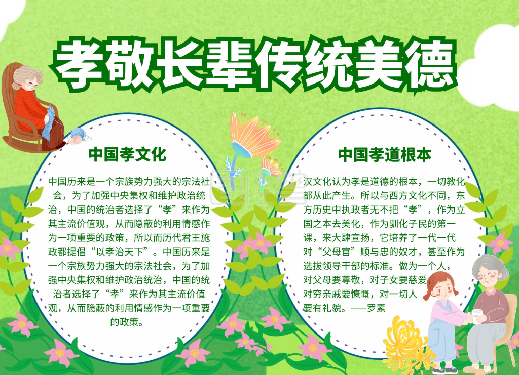 孝敬长辈-简约创意绿色卡通孝敬长辈手抄报在线图片制作-图怪兽