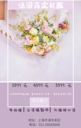 元 元 元 布拉格 3599 4599 5599 欧式魅力 风格随心选 自选摄影师 法国高定礼服 享受全程专人专车 业界标杆热销品牌 星际服务有口皆碑 地址：上海市浦东新区 电话：021-66668888 婚纱店宣传促销简约浪漫手机海报