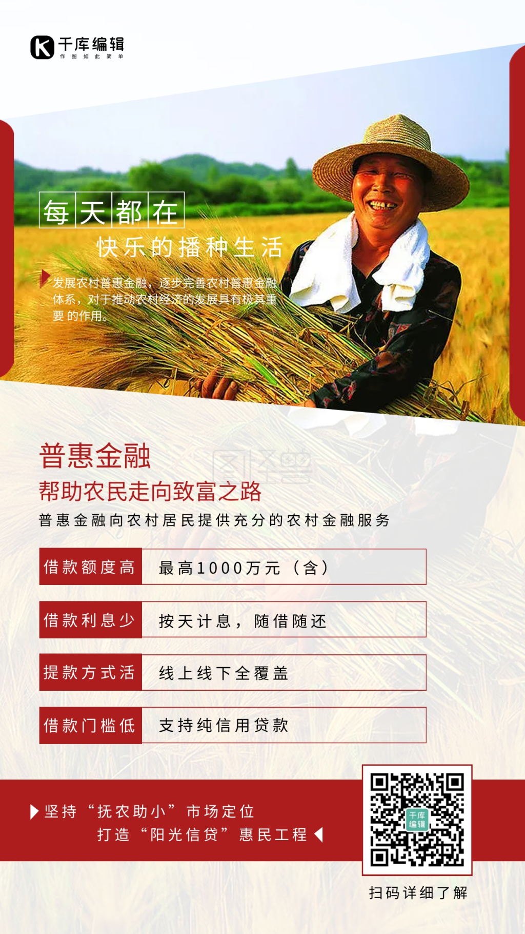 普惠金融农民稻田红色写实海报