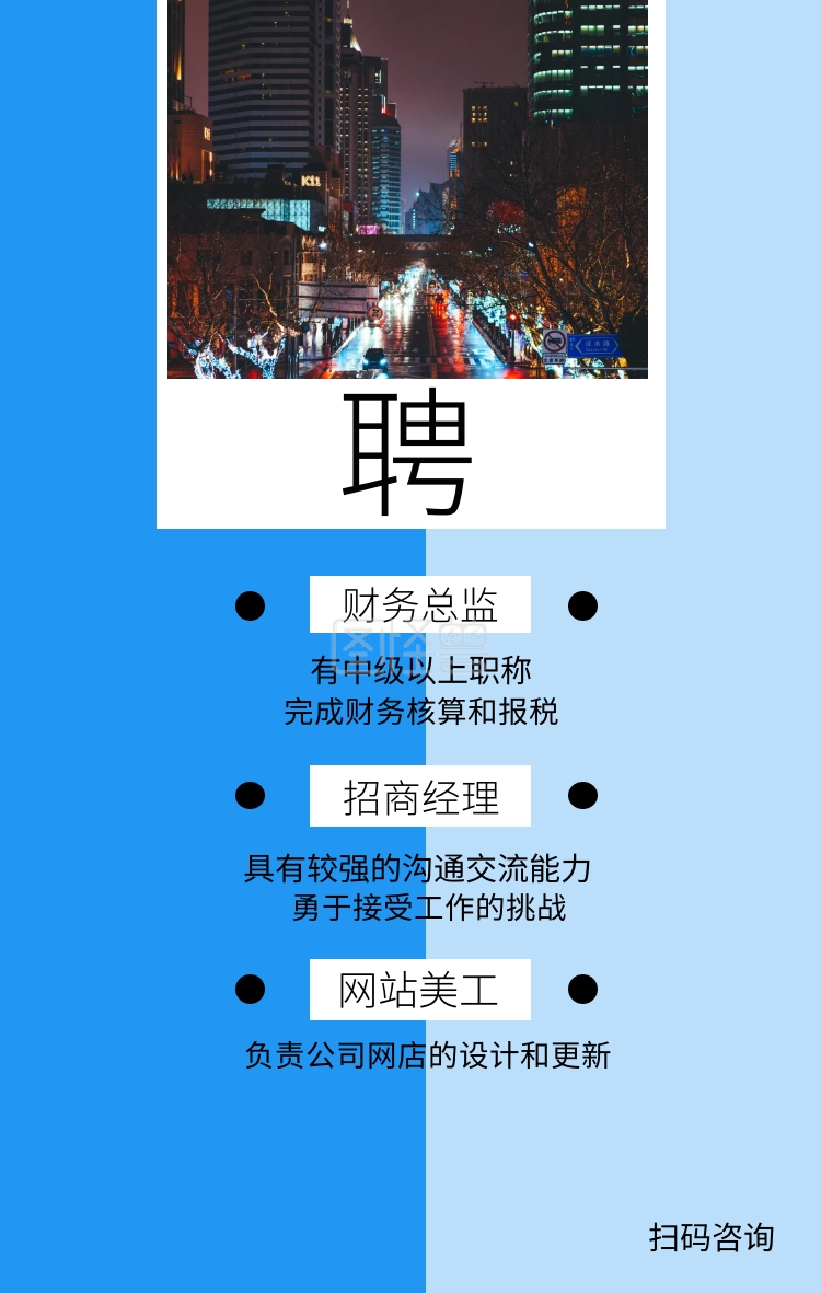 的挑战 网站美工 负责公司网店的设计和更新 扫码咨询 城市背景招聘