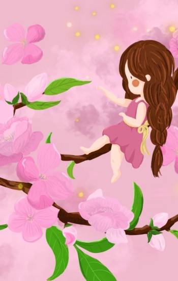 图怪兽原创粉色少女桃花手绘插画