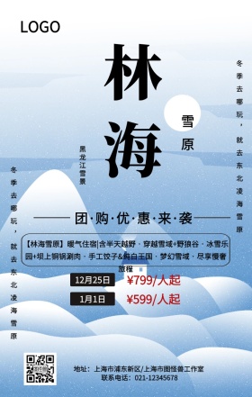 简约雪景林海雪原旅游团购手机海报