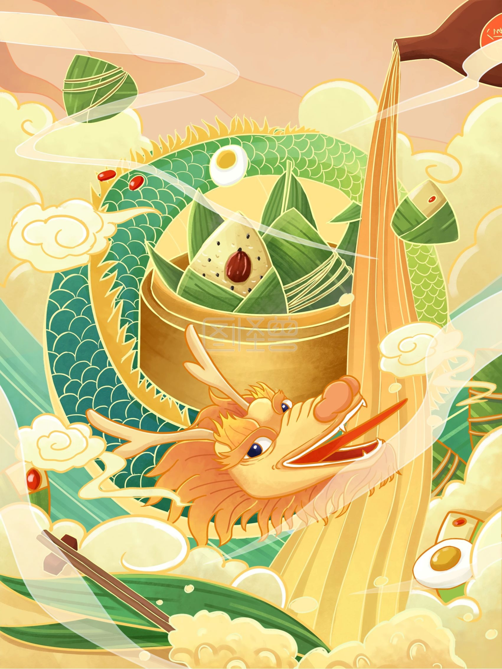 古风国潮端午节粽子龙插画传统节日插画