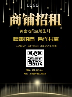  商铺招租 黄金地段坐地生财 隆重招商 合作共赢 地址：上海浦东新区图怪兽 电话：021-123456 活动期间：每日前五名可享受八折优惠 旺铺招商黑金风
