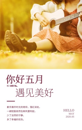 你好五月遇见美好粉色简约文艺手机海报
