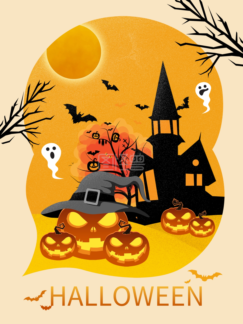 原创黄色万圣节手绘海报