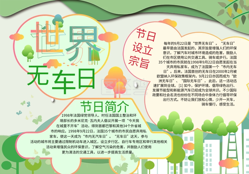 清新绿色世界无车日低碳环保手抄报