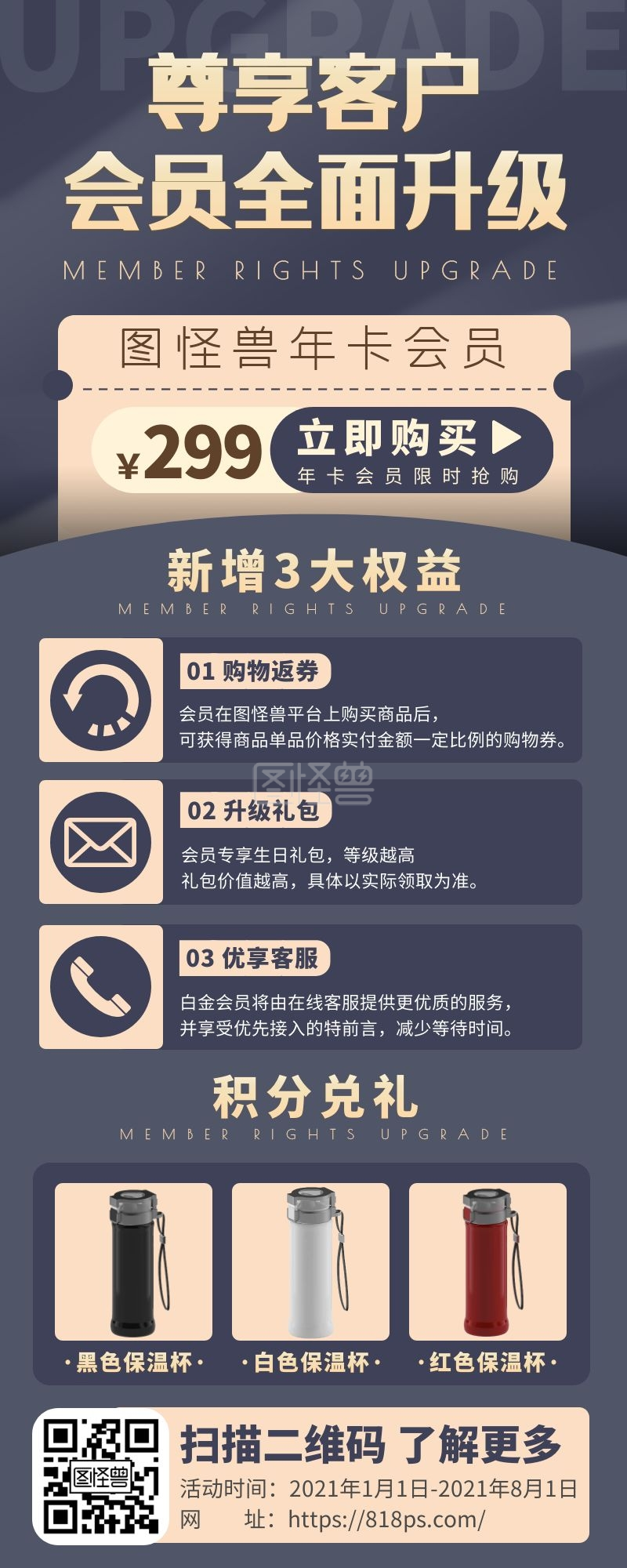 蓝色商务会员权益升级长图海报