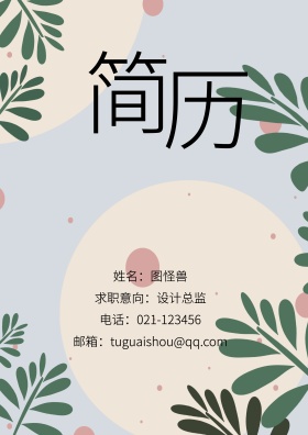 姓名：图怪兽 电话：021-123456 邮箱：tuguaishou@qq.com 求职意向：设计总监 简历封面