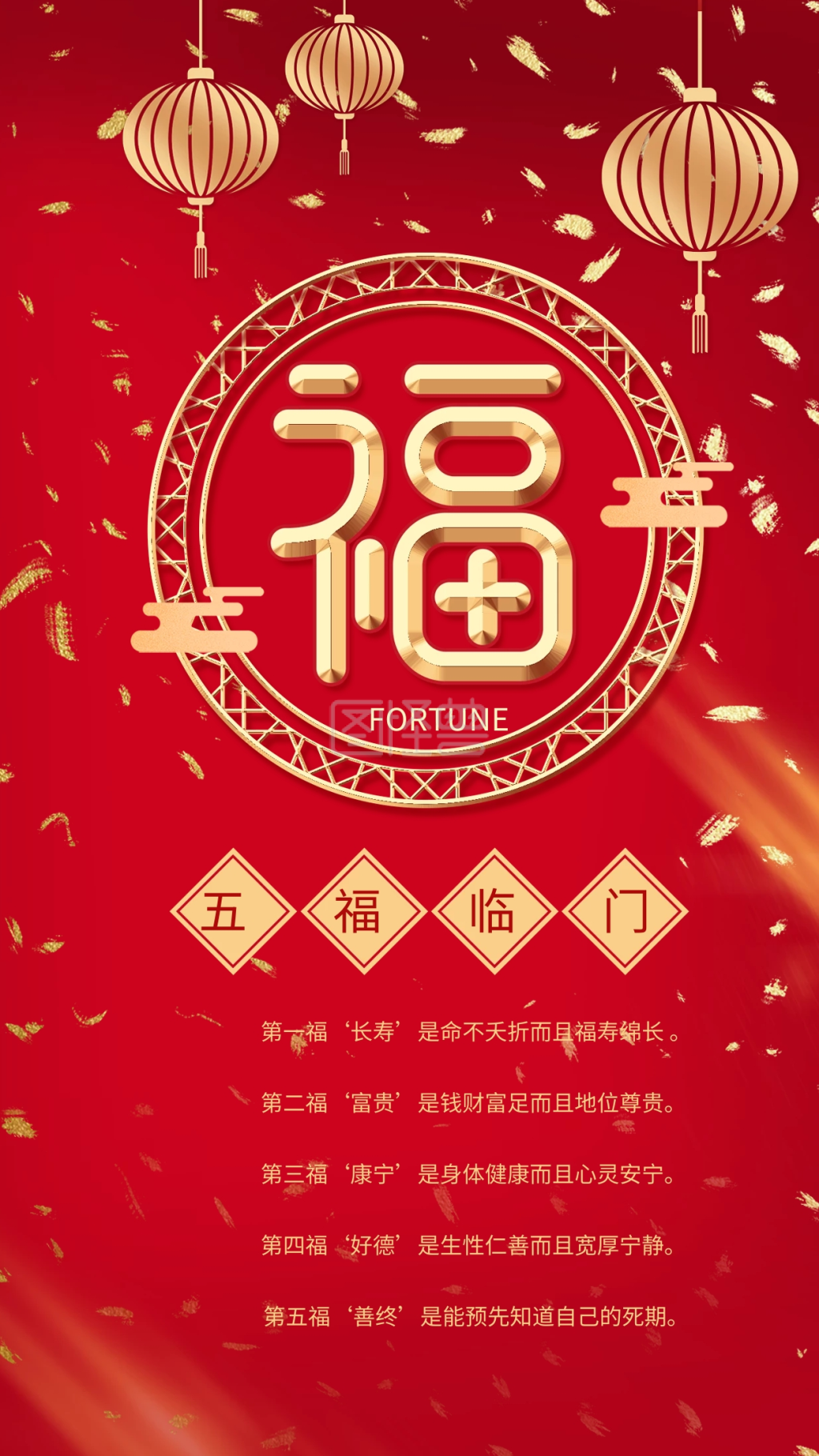 原创红色喜庆剪纸福字五福临门手机海报