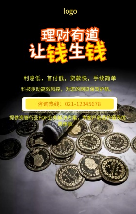 利息低，首付低，贷款快，手续简单 咨询热线：021-12345678 科技驱动高效风控，为您的网贷保驾护航。 提供资管行业FOF业务解决方案，为客户创造价值及优质体验。 投资理财蓝色背景手机海报