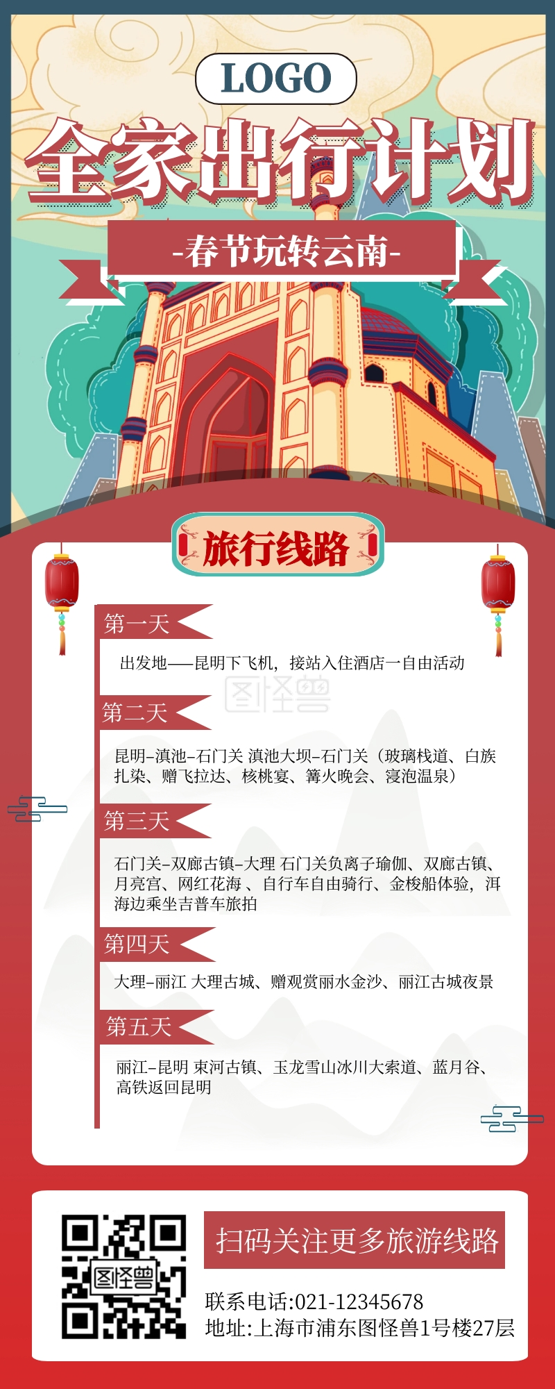 手绘国风红色春节旅游路线攻略海报营销长图