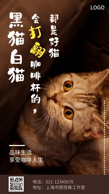 猫咖宣传语摄影棕色简约手机营销海报