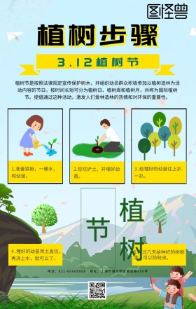 植树步骤图片绿色卡通手机海报