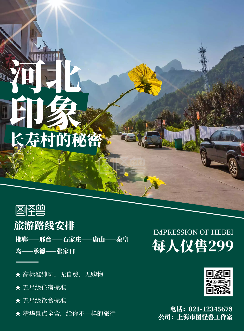 河南长寿村绿色简约旅游海报