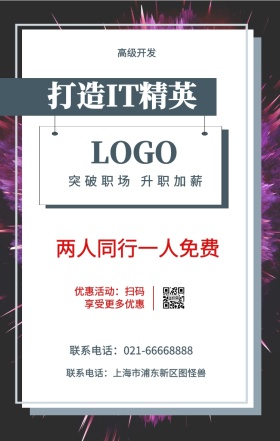  高级开发 打造IT精英 两人同行一人免费 突破职场 升职加薪 优惠活动：扫码享受更多优惠 联系电话：上海市浦东新区图怪兽 联系电话：021-66668888 互联网培训设计招生在线学习手机海报