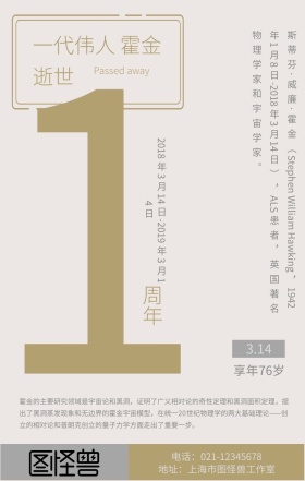 霍金逝世1周年纪念伟人灰色简约手机海报