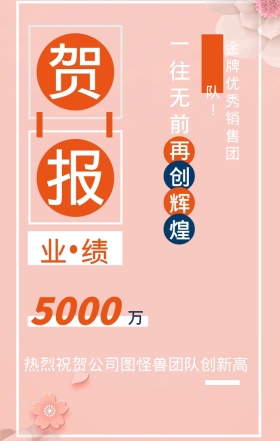 贺 报 万 业绩 5000 一往无前再创辉煌 金牌优秀销售团队！ 热烈祝贺公司图怪兽团队创新高 春季季度业绩喜报手机海报