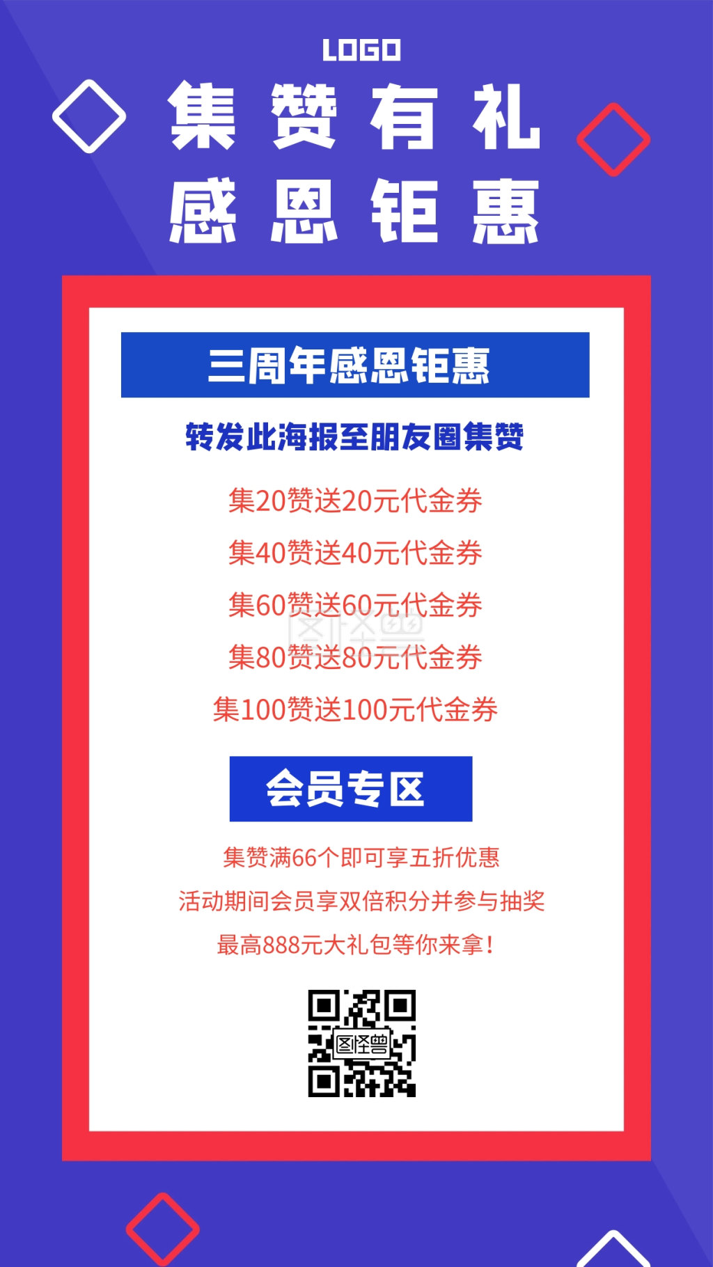 集赞有礼感恩钜惠集赞转发朋友圈蓝色海报