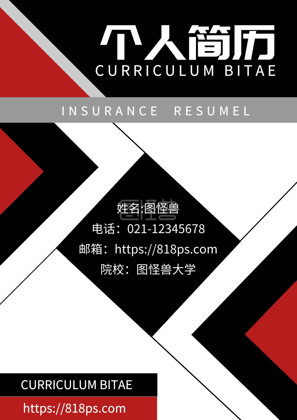 商业黑白红搭配简约大气保险个人简历封面