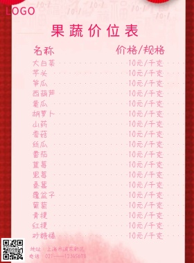 粉色卡通果蔬物价表海报