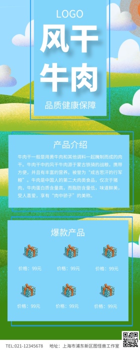 蓝色简约风干牛肉零食促销长图