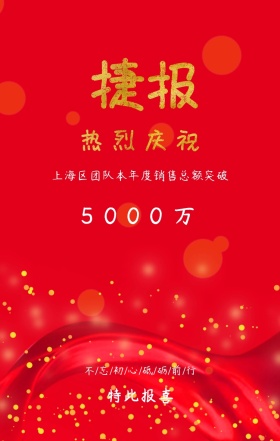 捷报 热烈庆祝 特此报喜 5000万 上海区团队本年度销售总额突破 不/忘/初/心/砥/砺/前/行 2019年精美销售捷报手机海报