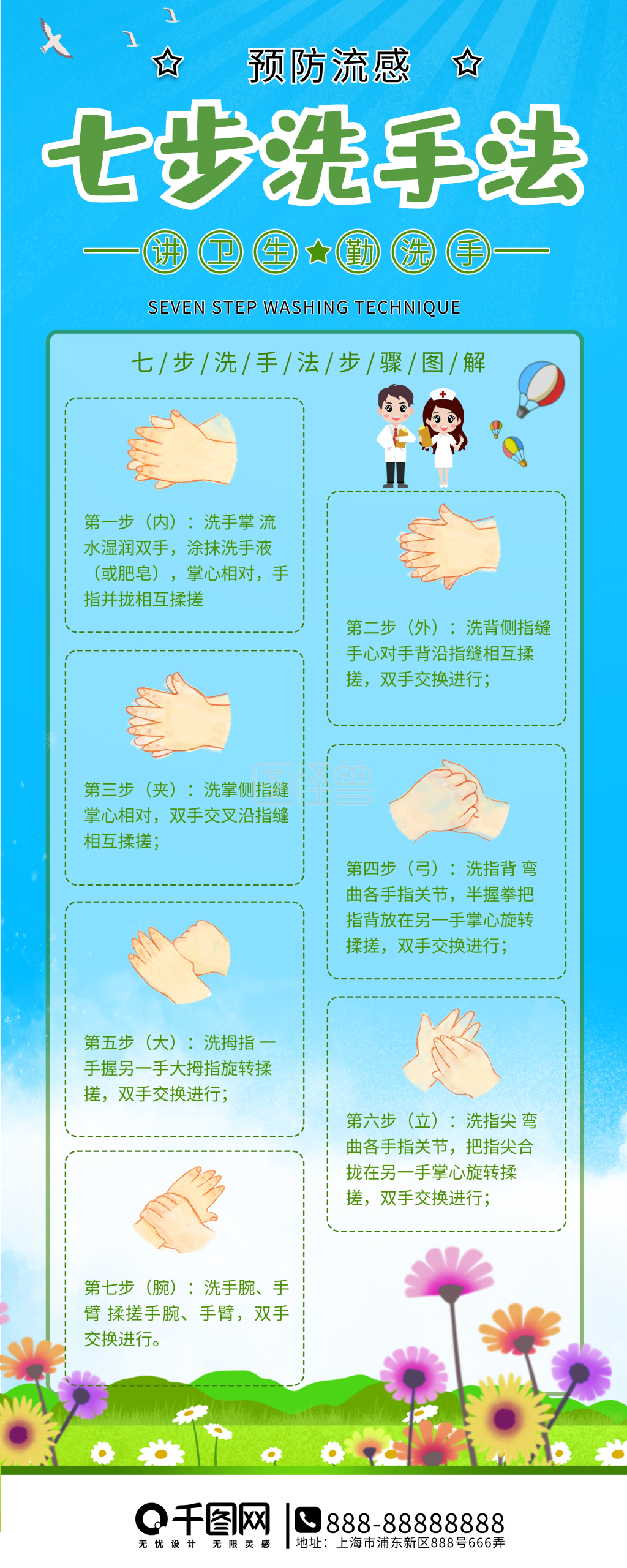 七步洗手法预防冠状病毒易拉宝展架
